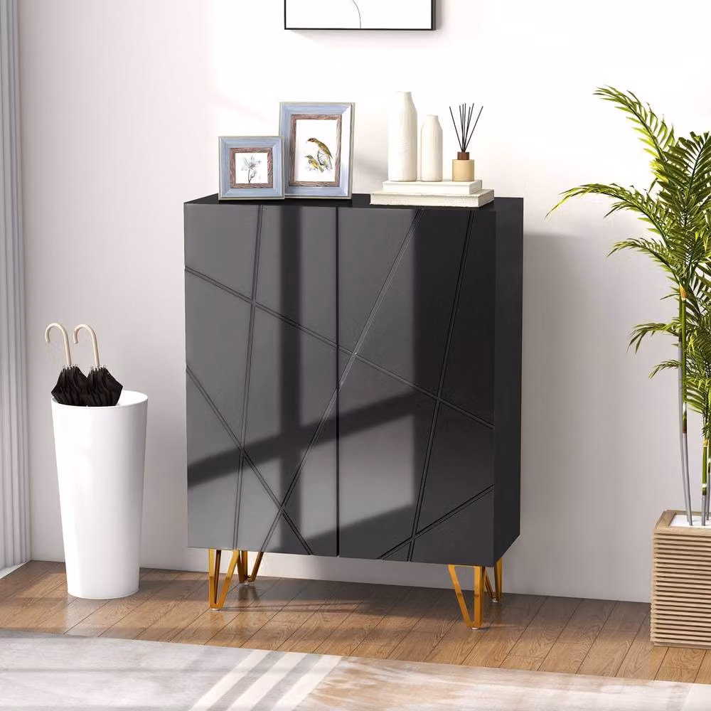 ERGOVEXA Modern Glossy Black Narrow Shoe Cabinet with Soft-Close Hinged Doors and Internal Shelves – 3