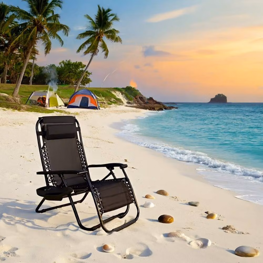 Shatchi Heavy Duty Gravity Reclining Outdoor Garden Chair in Black with Textilene Fabric and Powder Coated Steel Frame – 4