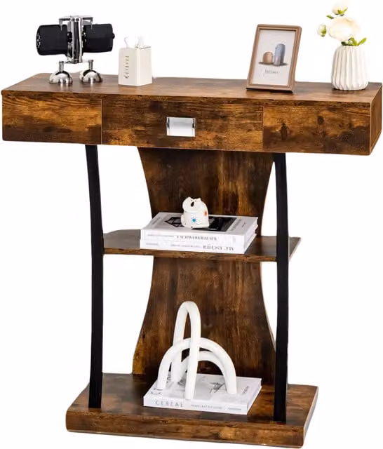 Pirlo Plush Industrial T-Shaped Console Table in Brown with Metal and Wood Finish