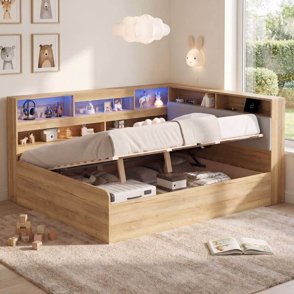 Rolipo Natural Wooden Hydraulic Storage Daybed in Brown with USB Charging Port and LED Under-bed Lighting, W: 135 cm, D: 190 cm – 2