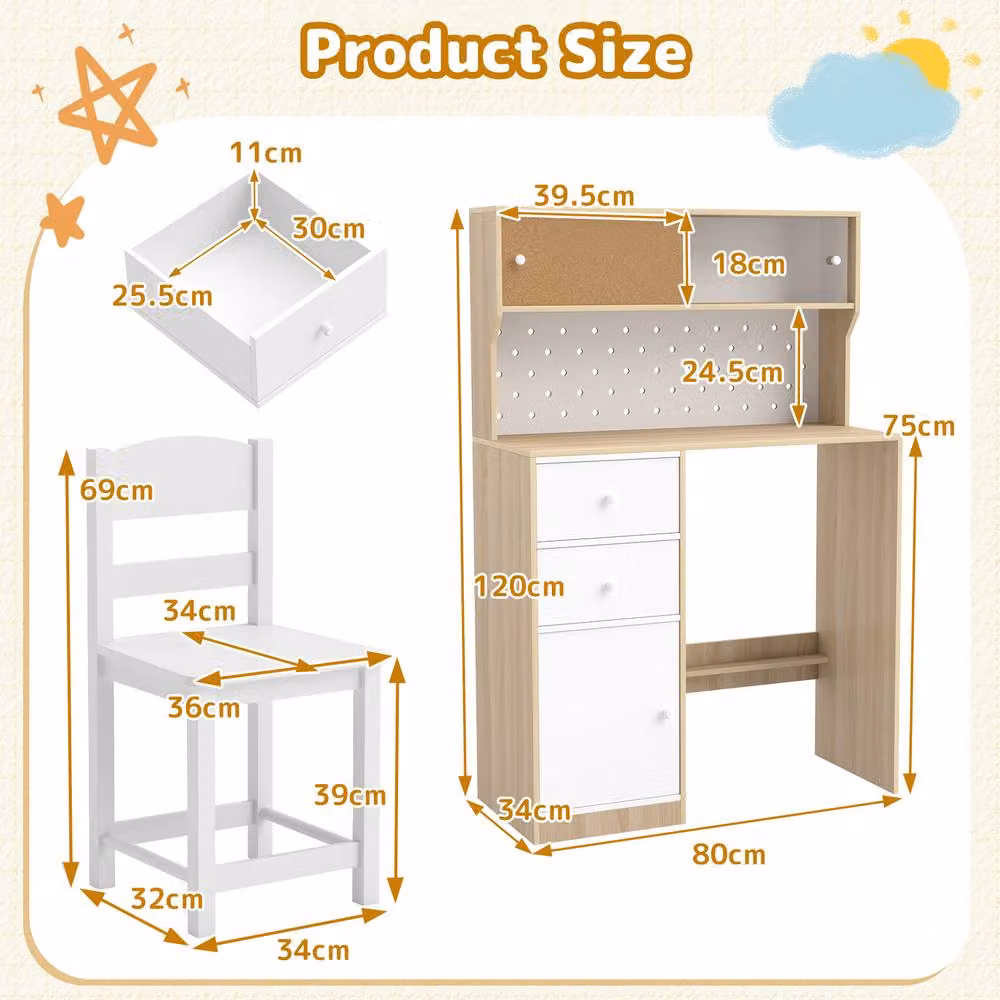 CASART Kids Wooden Study Desk and Chair Set with 2 Cabinets and 2 Drawers in White and Multicolour – 2