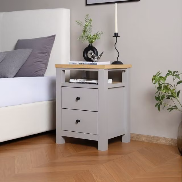 Home Garden Direct Vintage Grey 2-Drawer Bedside Table with Wooden Top
