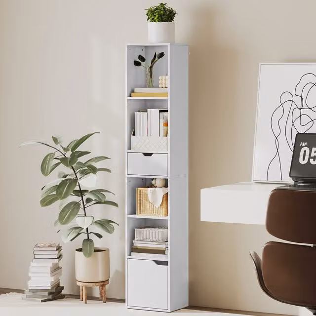 HOMCOM 6 Tier Narrow Modern White Bookcase with Storage