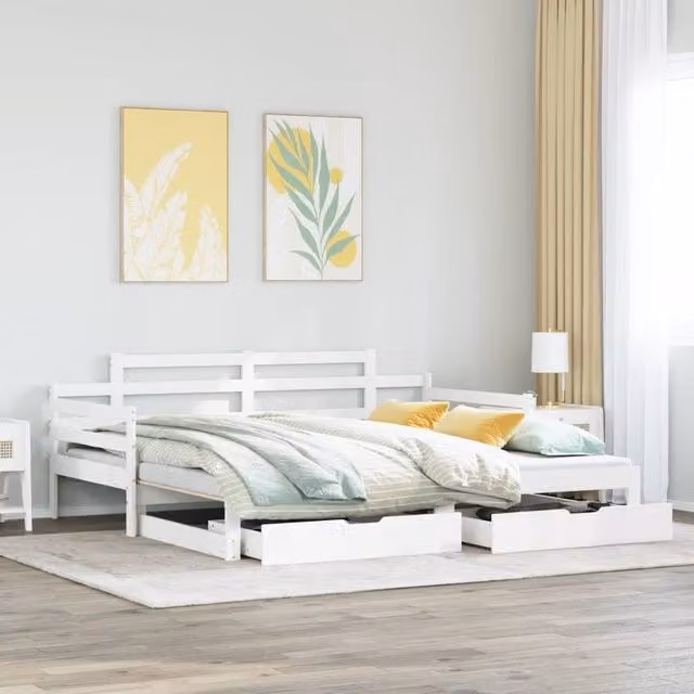 Berkfield Home White Rustic Pine Daybed with Trundle and Drawers, W/D/H: 90 x 200 cm