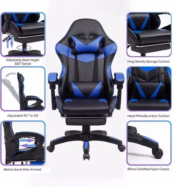 Nordara Blue and Black Ergonomic Gaming Chair with Foot Rest and Headrest