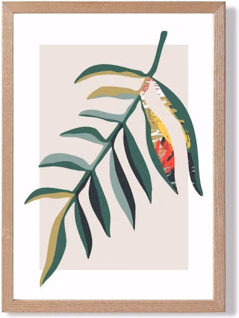 ARTZE Minimalist Tropical Leaf Framed Print in Green and Red with Oak Wood Frame, Size: A2