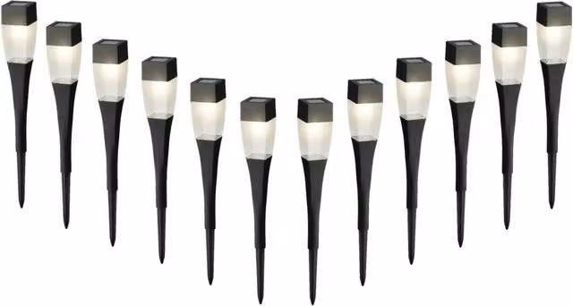 Lumineo Solar Powered Square LED Garden Pathway Stake Light with Dusk Sensor, Warm White, Black (Pack of 12)