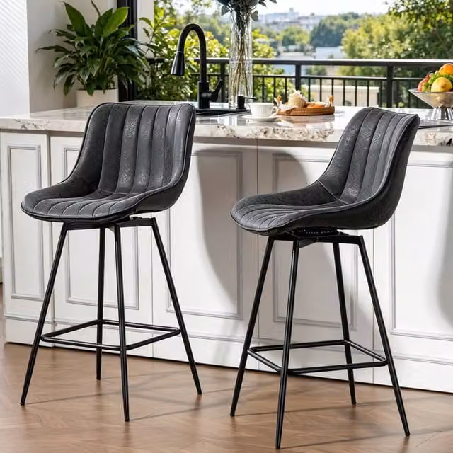 ERGOVEXA Set of 2 Black PU Leather Swivel Bar Stools with Backrest