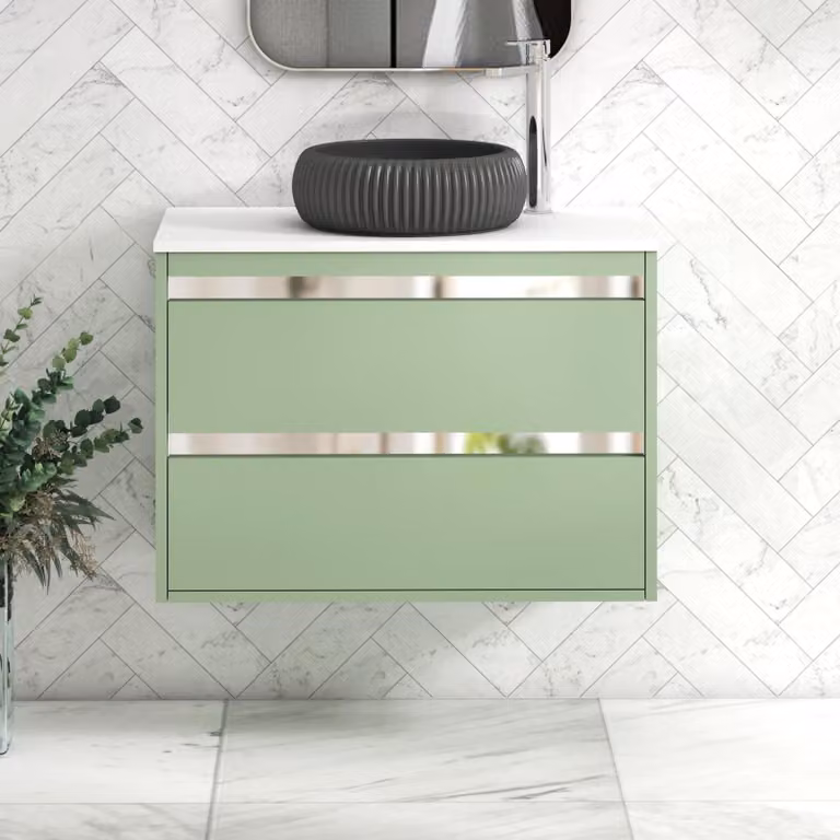 Royal Bathrooms Orion 800mm Mint Sage Wall Hung Vanity Unit with 2 Drawers, Milan Black Basin and Chrome Accent Trim