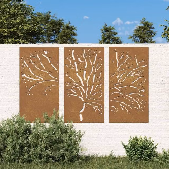 Berkfield Home Garden 3 Piece Brown Floral Metal Wall Decorations, W: 105 cm, H: 55 cm