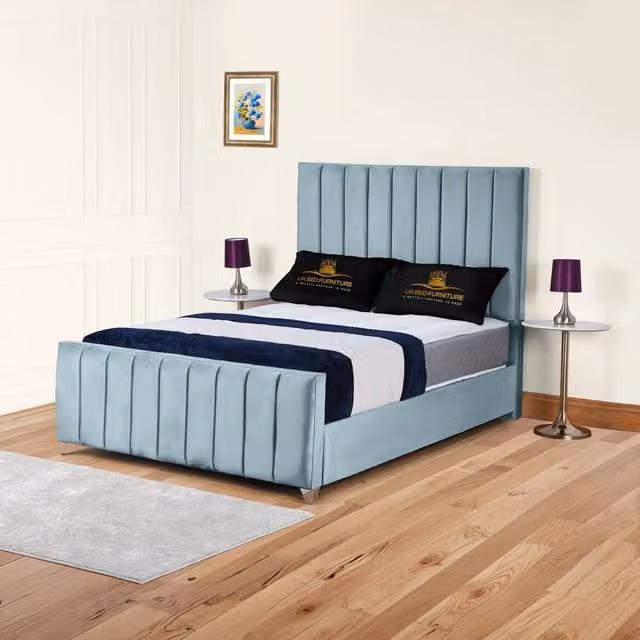 UK Bed Furniture Lisburn Gas Lift Ottoman Storage Upholstered Velvet Bed in Light Blue, Size: 180 x 200 cm
