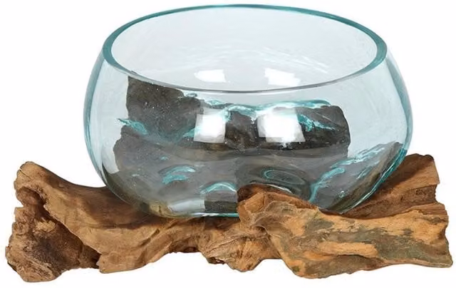 KDMK Small Molten Glass Bowl on Rustic Root Wood Decorative Terrarium, Brown and Transparent