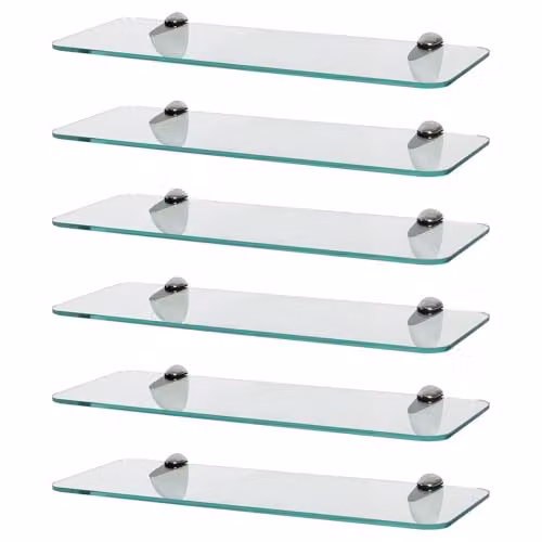 Harbour Housewares Set of 6 Modern Wall-Mounted Glass Bathroom Shelves in Silver and Transparent, W: 40 cm, D: 13 cm, H: 0.5 cm – 1