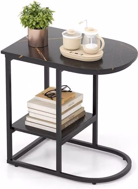 Kelvenix Modern C-shaped End Table with Marble Top in Black