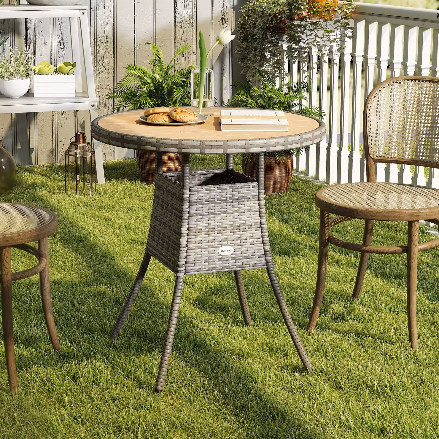 Outsunny Round Rattan Garden Table in Brown with Wood-Effect Finish – 2