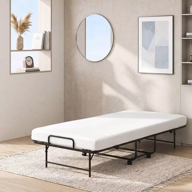KORVIXA Portable Foldable Single Guest Bed with Foam Mattress and Metal Frame, White/Multicolour, W/D/H: 90 x 190 cm