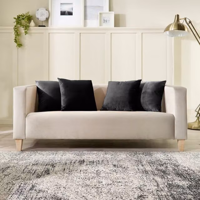 Aspire Bonnie 3 Seater Sofa in Cream Brushed Velvet with Scatter Cushions and Solid Wood Frame