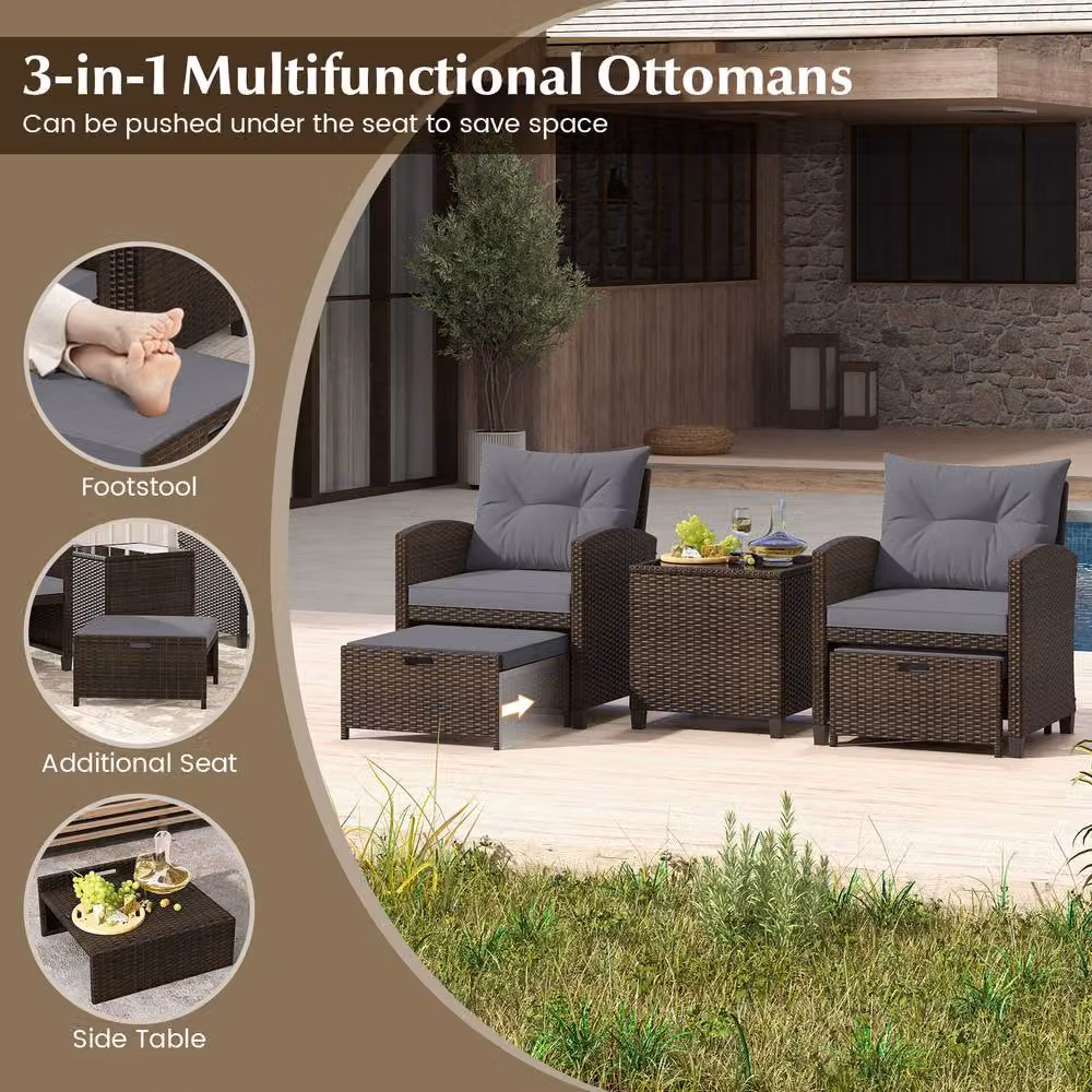 Gymax 5 Piece Grey Rattan Patio Furniture Set with Cushioned Wicker Chairs – 4