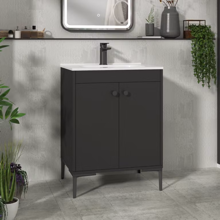 Royal Bathrooms Verona 600mm Matt Black Floor Standing 2 Door Vanity Unit with Ceramic Basin and Matt Black Knob