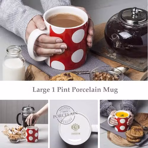 WM Bartleet & Sons Red and White Dotted Porcelain One Pint Mug, 568ml – 2