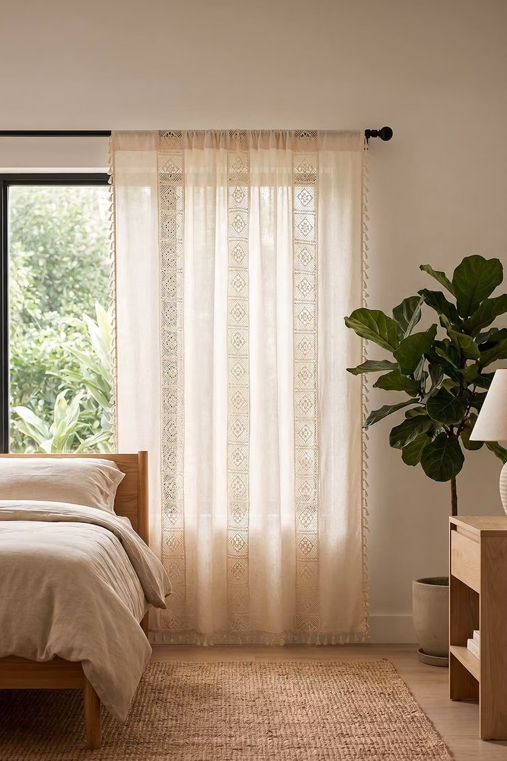 Living and Home Bohemian Semi-sheer Curtain with Tassels in Beige, Width: 200 cm – 2