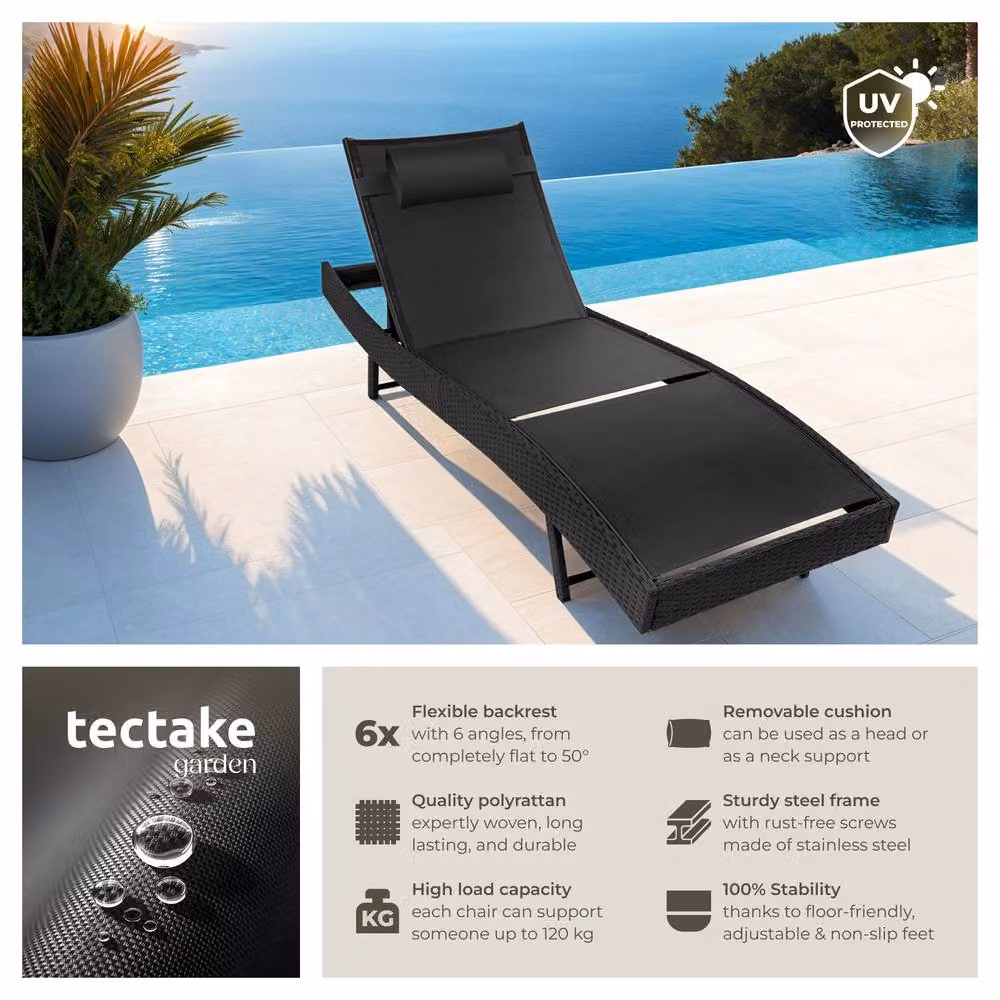 tectake Moana 1 Seater Rattan Sun Lounger in Black – 2