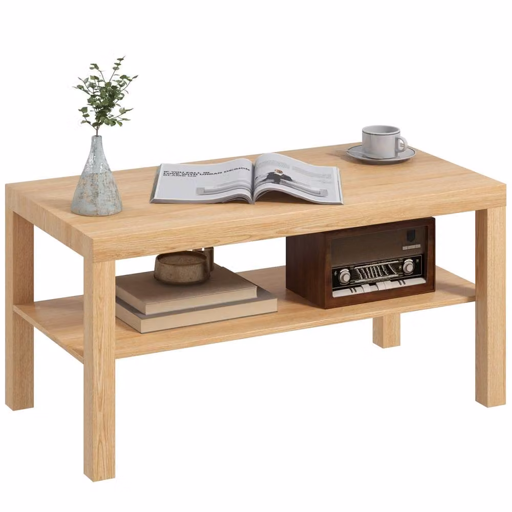 HOMCOM Rectangular Coffee Table with 2-Tier Storage Shelf in Natural Brown – 2