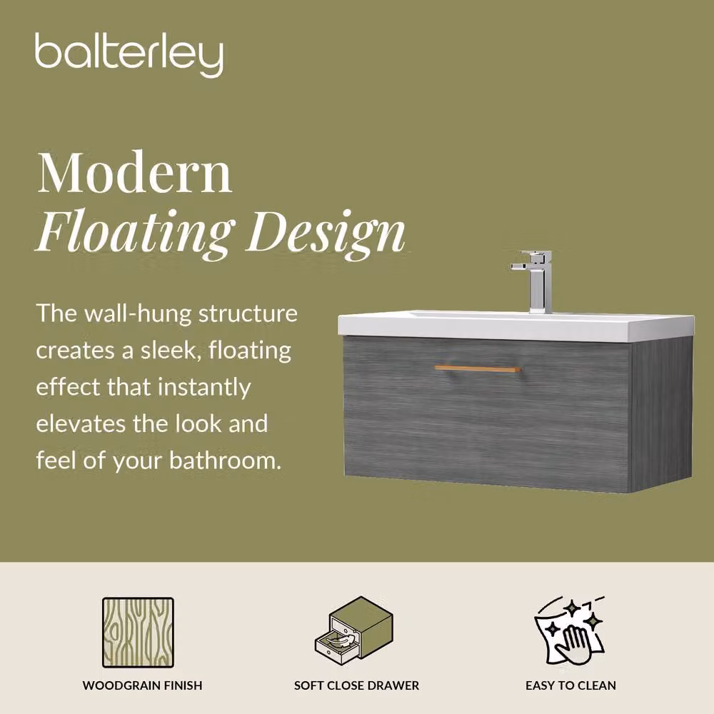 Balterley 800mm Wall Hung 1 Drawer Vanity in Woodgrain Anthracite Grey with Copper Handle – 2