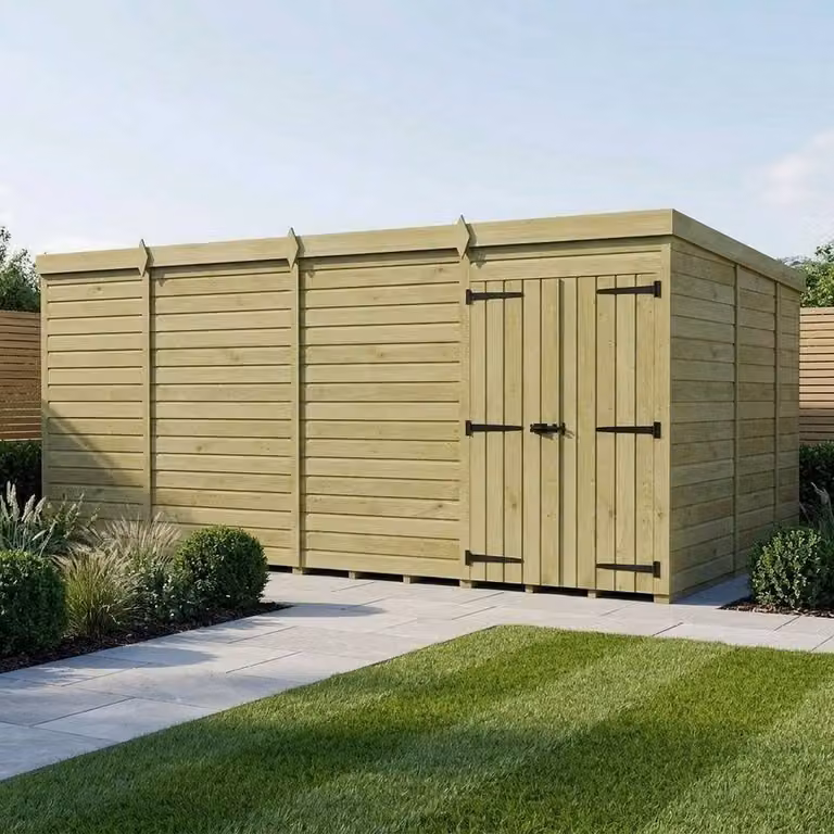 Buttercup Farm Pent Garden Shed with Double Doors in Brown, W: 457.2 cm, D: 274.3 cm, H: 210.0 cm