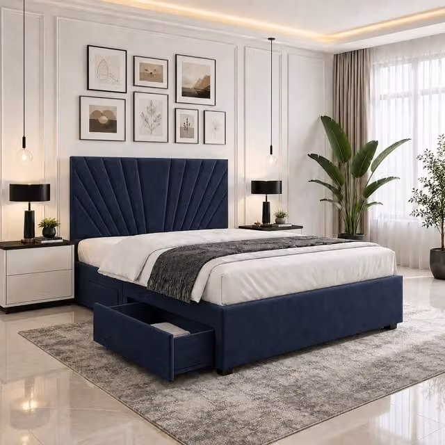 Velmora Luxury Upholstered Velvet Divan Bed with Tall Geometric Headboard, Mattress and Drawers, Blue, W/D/H: 120 x 200 x 35.56 cm