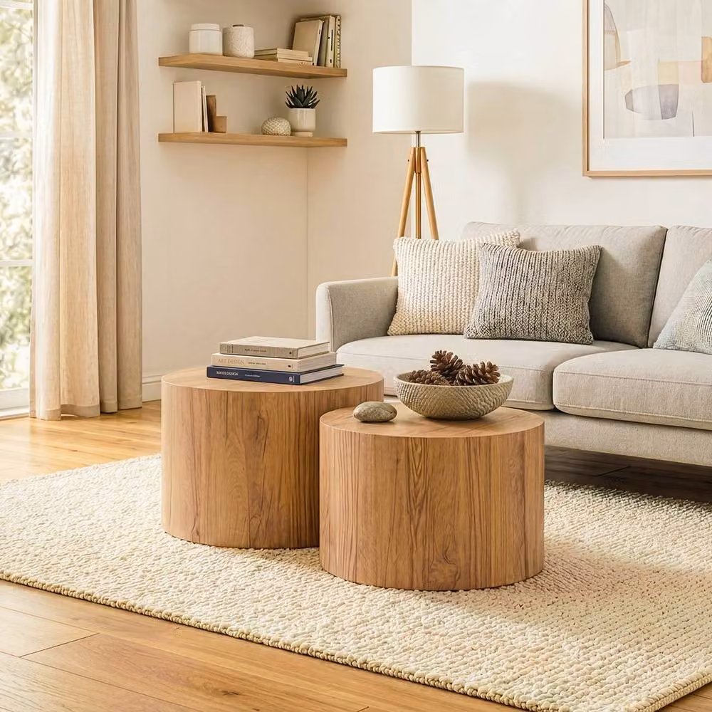 CALICOSY MAIA Set of 2 Stackable Round Coffee Tables in Light Brown Travertine Finish – 2