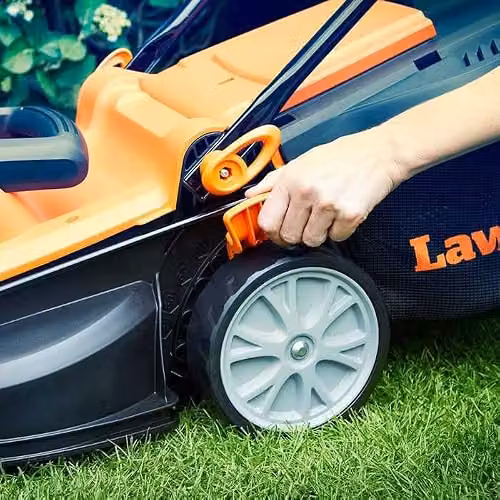 LawnMaster 34cm Electric Lawnmower in Orange with Fixed Steel Blade and Collection Bag – 4
