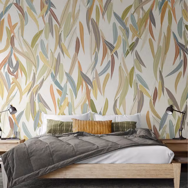 Origin Murals Willow Leaves Natural Stone Floral Mural, Multicolour, 300cm