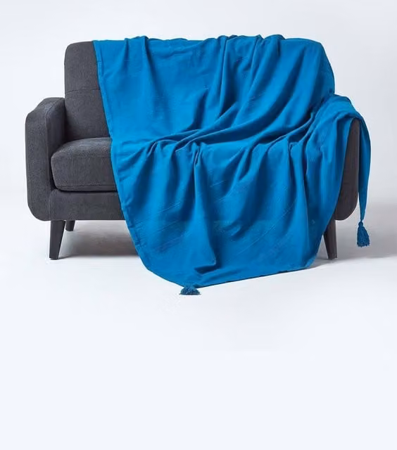 Homescapes Cotton Woven Ethnic Striped Throw in Petrol Blue, W: 360 cm, D: 255 cm – 1