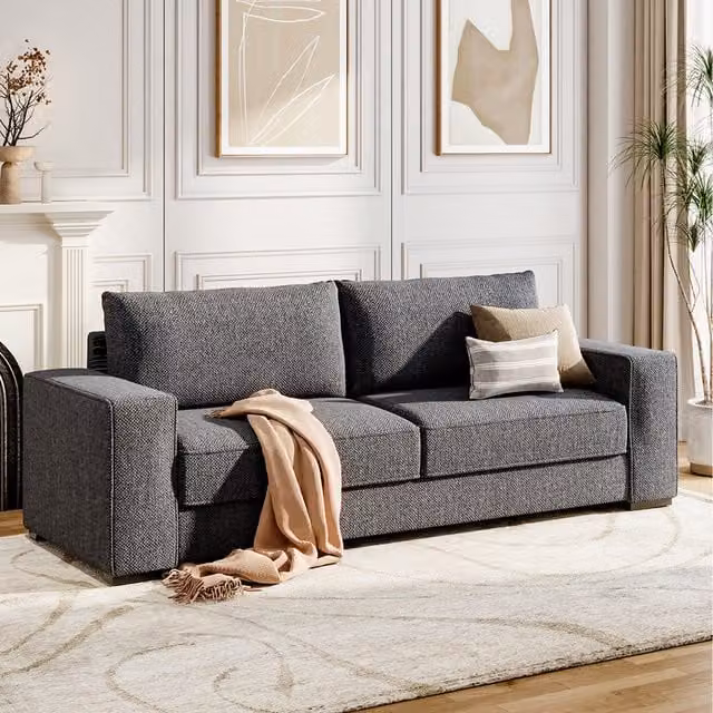 Livingandhome 3-Seater Linen Upholstered Sofa in Grey, W: 230 cm, D: 88 cm, H: 80 cm