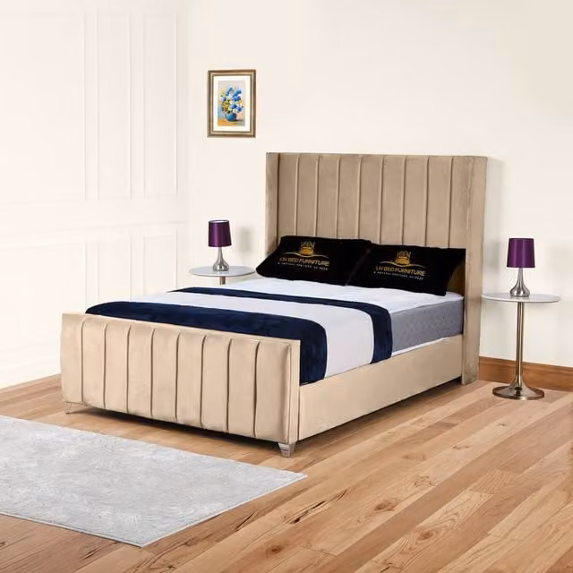 UK Bed Furniture Empire Winged Slatted Base Upholstered Velvet Bed in Beige, Size: 140 x 200 cm