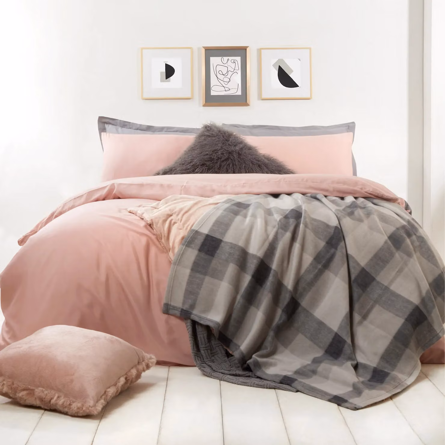 OHS Tartan Check Fleece Throw Blanket in Light Grey, W: 150 cm x L: 200 cm – 4