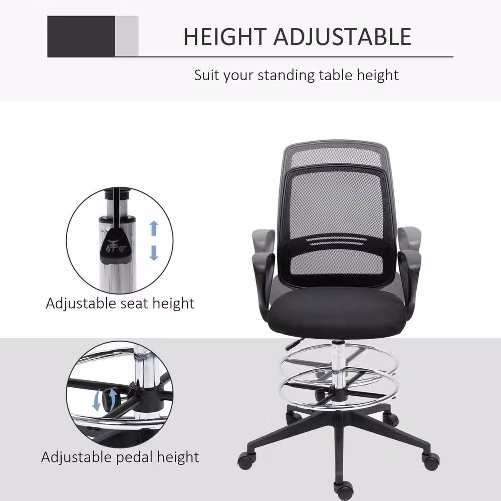FORGEVIO Black Fabric Draughtsman Chair with Adjustable Height, Foot Ring and Swivel Function – 3
