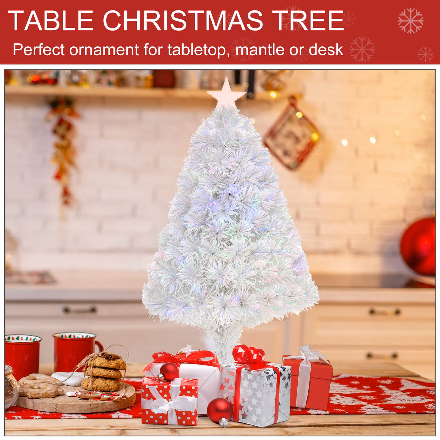 HOMCOM White Prelit Artificial Tabletop Christmas Tree with Multicolour Fibre Optics, Height: 76.2 cm – 4
