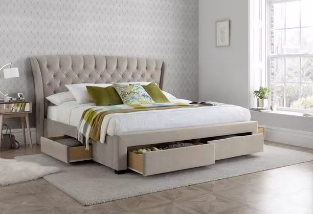 Bedmaster Newton Velvet 4 Drawer Storage Bed and Maestro Memory Foam Mattress in Beige, King Size (W/D/H: 180 x 200 x 45 cm)