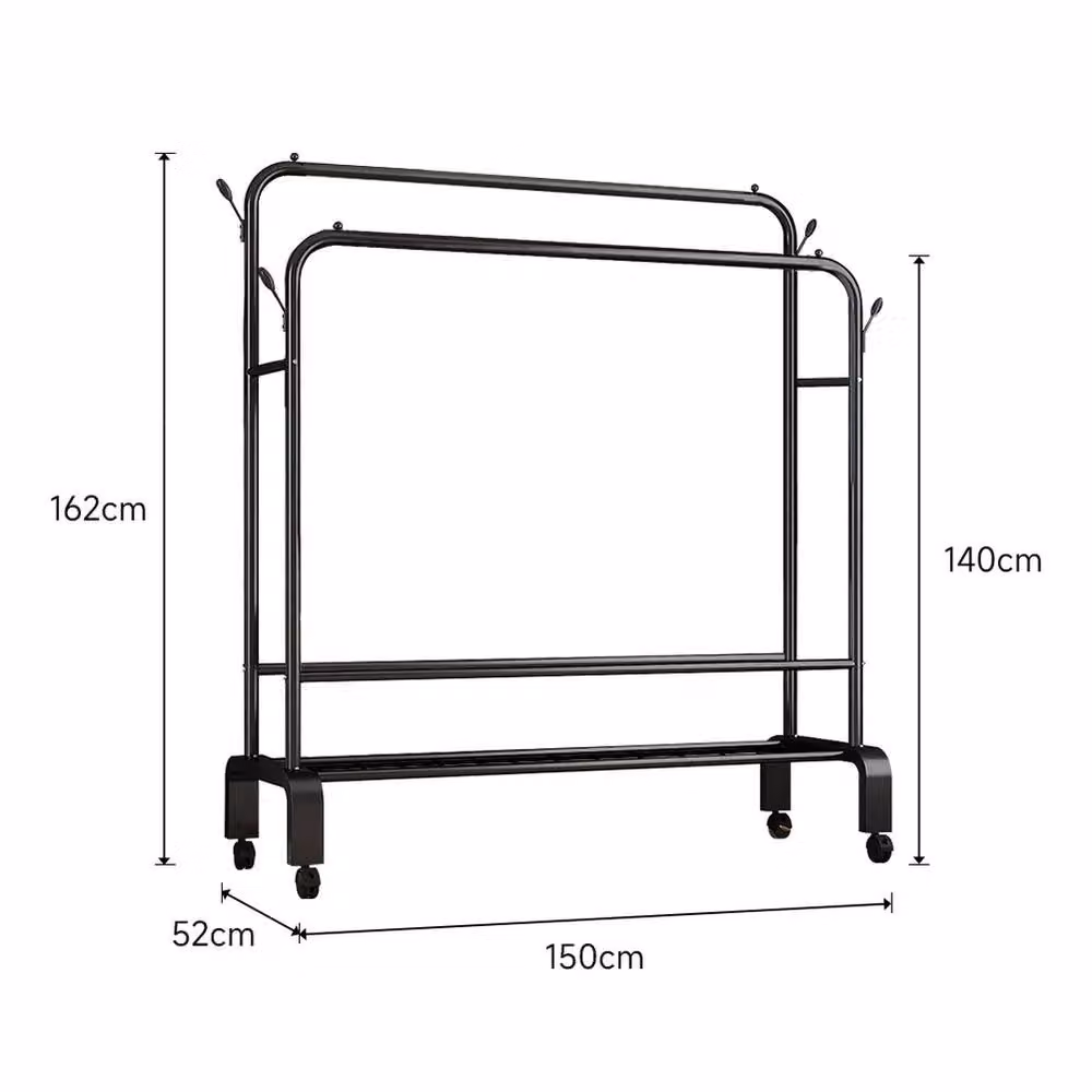 FORGEVIO Black Metal Clothes Rack with Wheels and Bottom Shelves, H 162 x W 150 x D 52 cm – 2