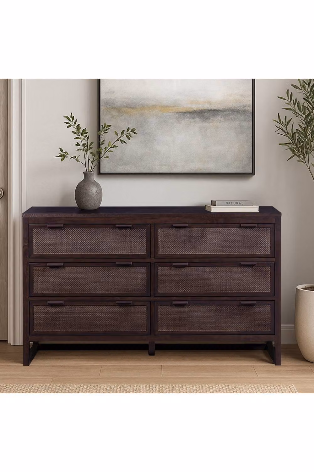 Teamson Home Hatteras 6 Drawer Mocha Wood Dresser with Rattan Panels and Acacia Veneer, W: 140 cm, D: 45.72 cm, H: 81.28 cm – 2