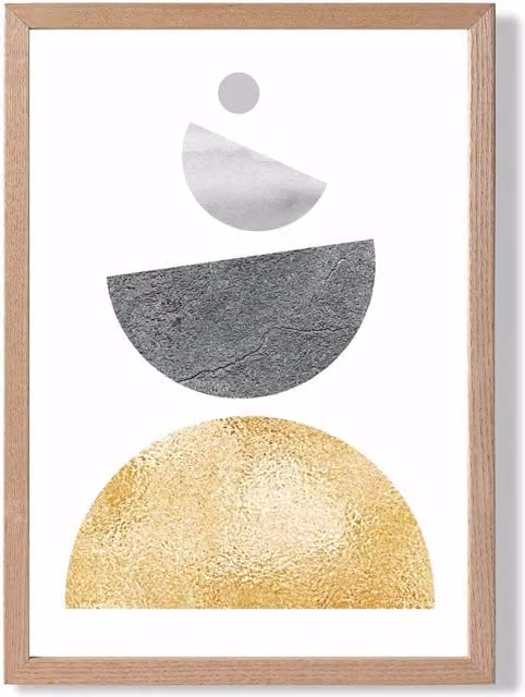 ARTZE Grey and Yellow Semi Circles Mid Century Geometric Framed Abstract Print with Oak Frame