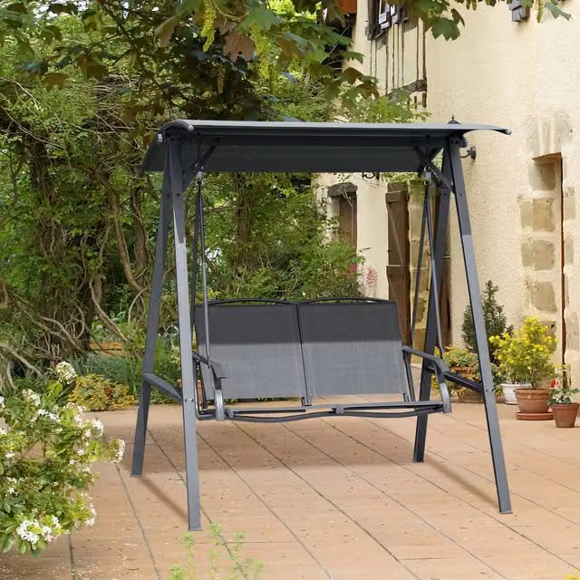 Outsunny 2 Seater Garden Swing Chair with Adjustable Sun Canopy in Dark Grey
