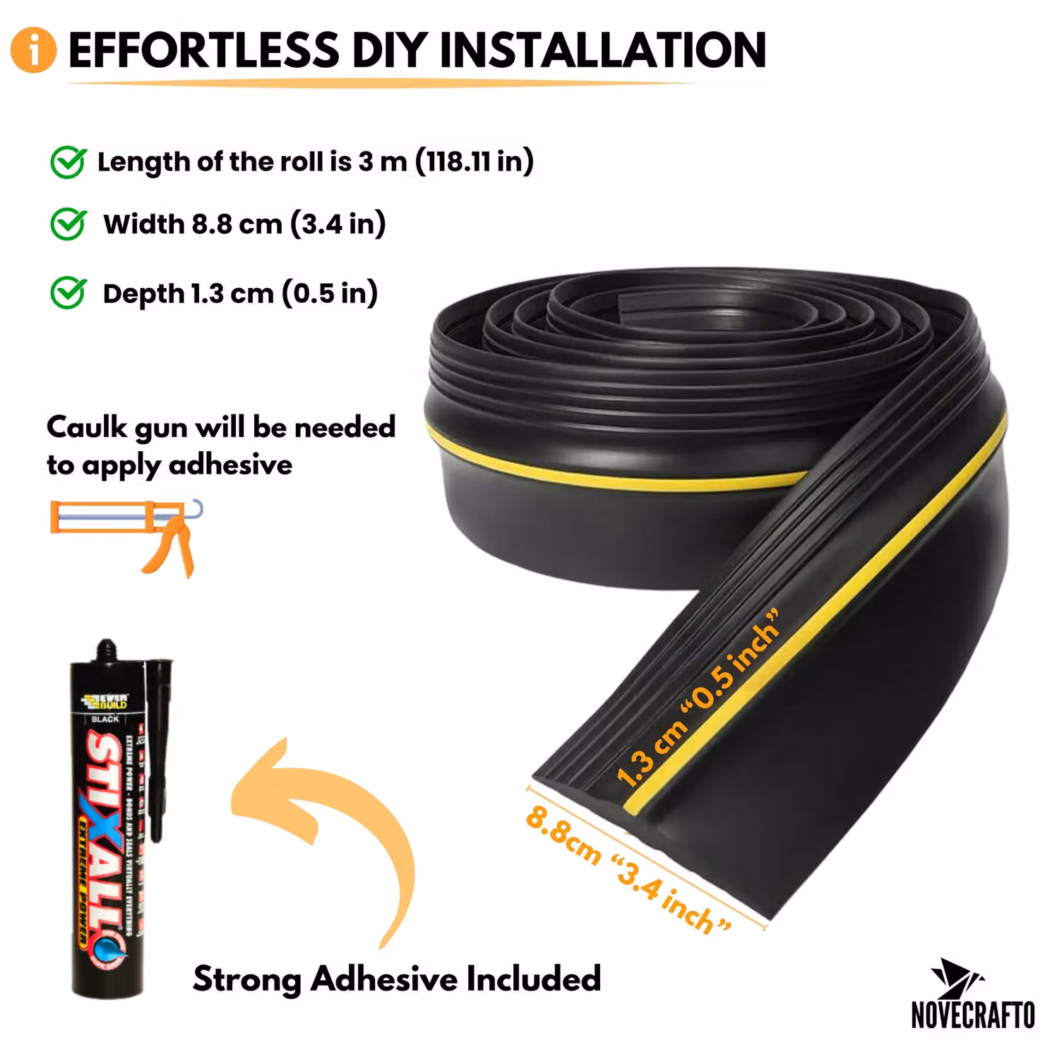 Novecrafto Universal Fit EPDM Rubber Garage Door Seal, 3m Length, Black Self-Adhesive Weatherproof Threshold Draught Excluder – 3