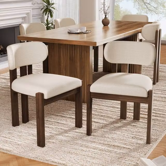 ModernLuxe Set of 6 Solid Wood Dining Chairs with Boucle Upholstery in Warm White – 1