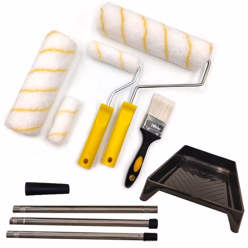 VOGREX Yellow Painting Set with Roller, Telescopic Pole, Tray, Brush and Sleeves for Water-Based Paint – 4