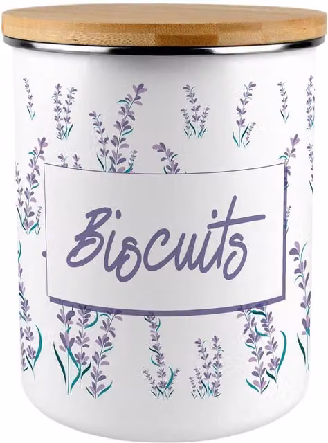 Purely Home Floral Lavender Print Enamel Metal Biscuit Tin in Purple and White