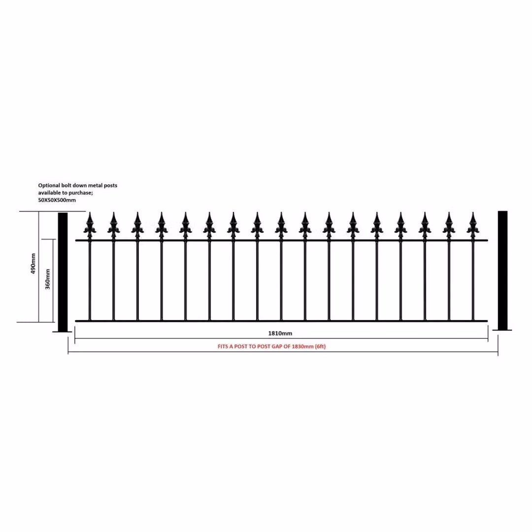 Burbage Iron Craft Saxon Spear Top Flat Railing Panel, Black Galvanised Steel, W: 183 cm, H: 49 cm – 2