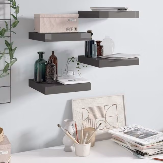 Berkfield Home Set of 4 High Gloss Grey Floating Wall Shelves, W/D/H: 23 x 23.5 x 4 cm – 1